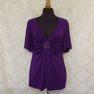 Eci New York Top Blouse Womens Size Large  Purple Embellished Vneck Stre…